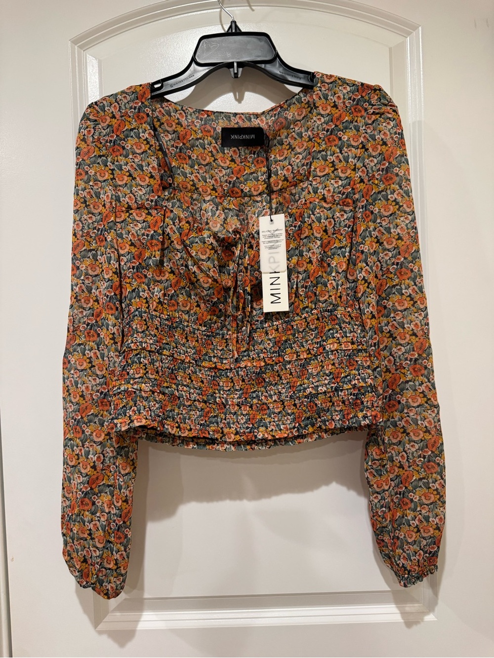 MINKPINK Floral Smocked Waist Long-Sleeve Top — Green & Orange